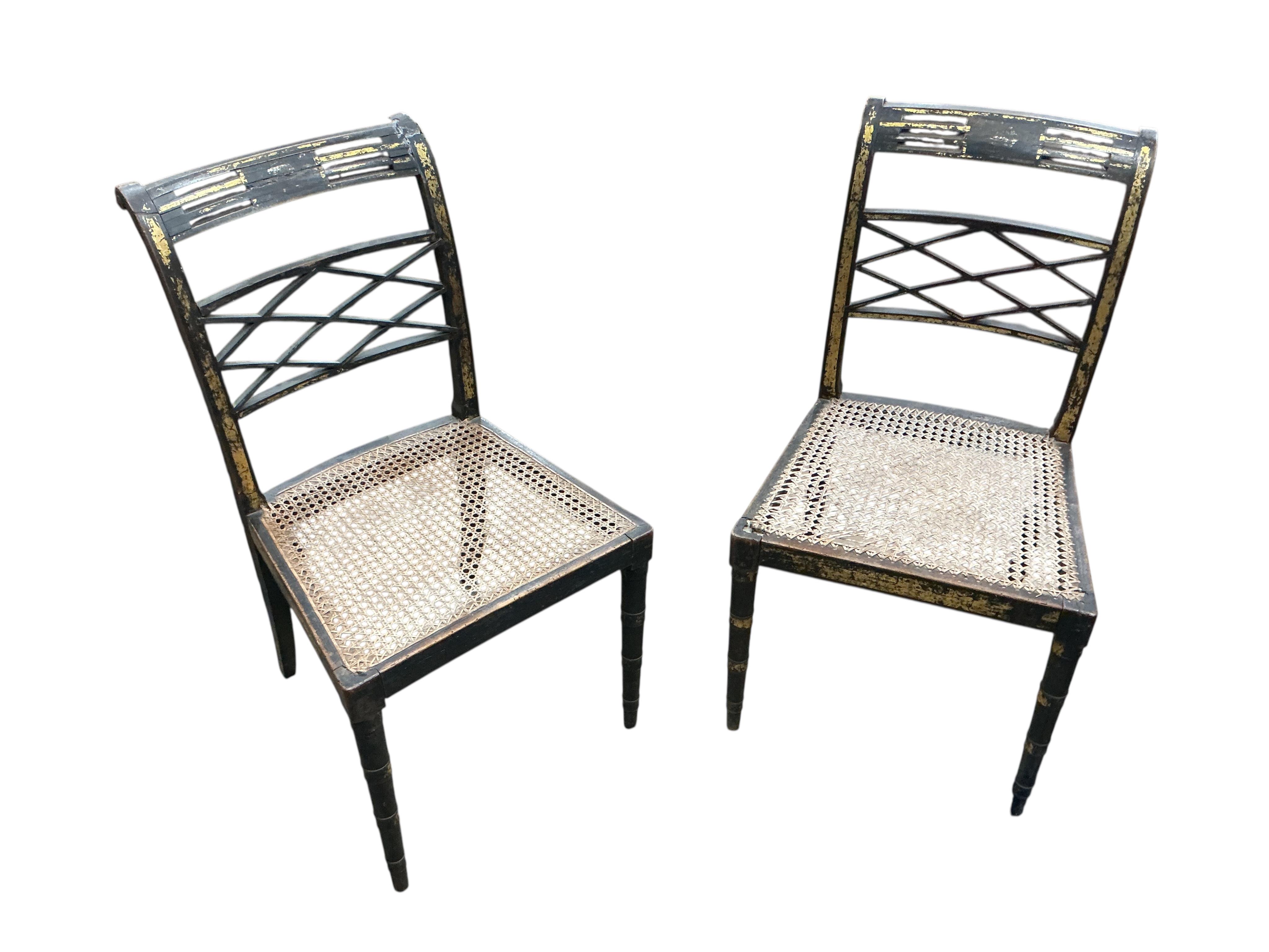 A set of four Regency ebonised cane seat dining chairs, width 46cm, depth 42cm, height 86cm